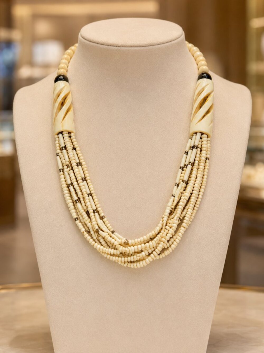Hand Carved Bovine Bone Tribal Necklace 30"